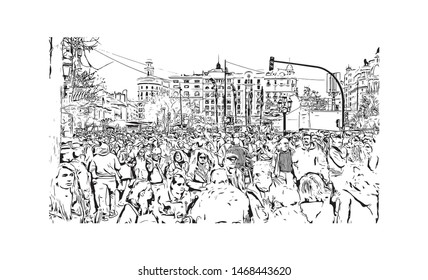 Building view with landmark in The port city of Valencia lies on Spain’s southeastern coast. Hand drawn sketch illustration in vector.