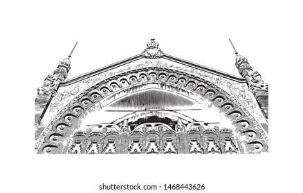 Building view with landmark in The port city of Valencia lies on Spain’s southeastern coast. Hand drawn sketch illustration in vector.
