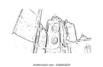 Building view with landmark in The port city of Valencia lies on Spain’s southeastern coast. Hand drawn sketch illustration in vector.