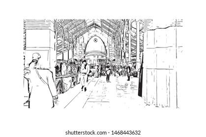 Building view with landmark in The port city of Valencia lies on Spain’s southeastern coast. Hand drawn sketch illustration in vector.