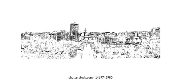 Building view with landmark in The port city of Valencia lies on Spain’s southeastern coast. Hand drawn sketch illustration in vector.