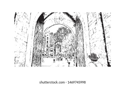 Building view with landmark in The port city of Valencia lies on Spain’s southeastern coast. Hand drawn sketch illustration in vector.
