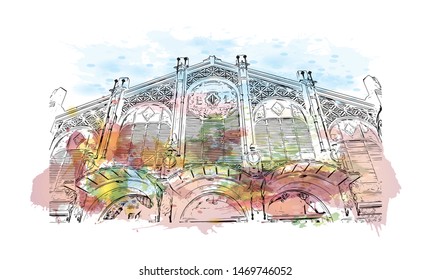Building view with landmark in The port city of Valencia lies on Spain’s southeastern coast. Watercolor splash with Hand drawn sketch illustration in vector.