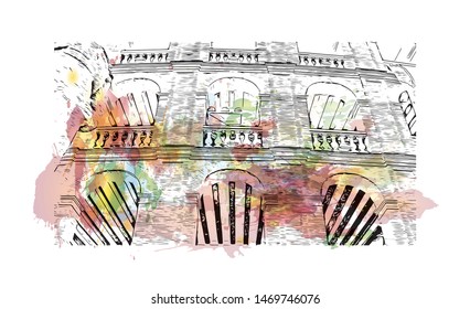 Building view with landmark in The port city of Valencia lies on Spain’s southeastern coast. Watercolor splash with Hand drawn sketch illustration in vector.