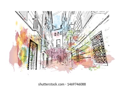 Building view with landmark in The port city of Valencia lies on Spain’s southeastern coast. Watercolor splash with Hand drawn sketch illustration in vector.