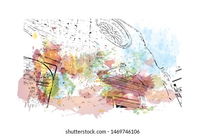 Building view with landmark in The port city of Valencia lies on Spain’s southeastern coast. Watercolor splash with Hand drawn sketch illustration in vector.