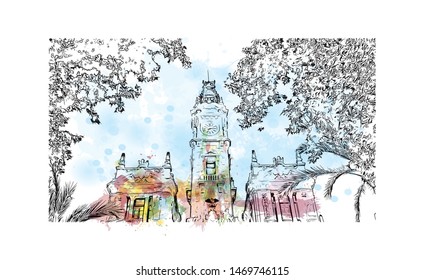 Building view with landmark in The port city of Valencia lies on Spain’s southeastern coast. Watercolor splash with Hand drawn sketch illustration in vector.