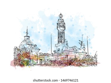 Building view with landmark in The port city of Valencia lies on Spain’s southeastern coast. Watercolor splash with Hand drawn sketch illustration in vector.