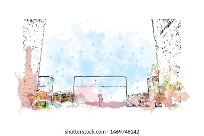 Building view with landmark in The port city of Valencia lies on Spain’s southeastern coast. Watercolor splash with Hand drawn sketch illustration in vector.
