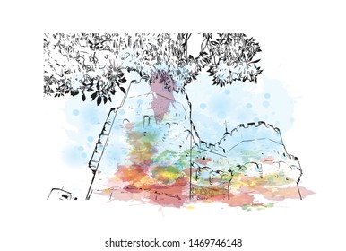 Building view with landmark in The port city of Valencia lies on Spain’s southeastern coast. Watercolor splash with Hand drawn sketch illustration in vector.