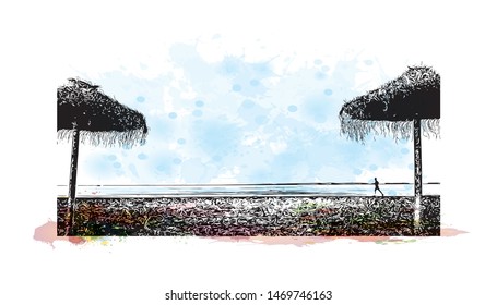 Building view with landmark in The port city of Valencia lies on Spain’s southeastern coast. Watercolor splash with Hand drawn sketch illustration in vector.