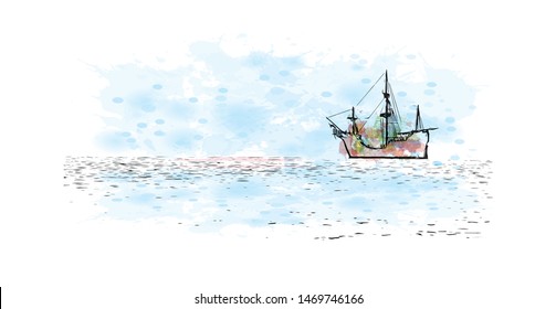 Building view with landmark in The port city of Valencia lies on Spain’s southeastern coast. Watercolor splash with Hand drawn sketch illustration in vector.