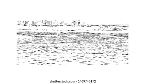 Building view with landmark in The port city of Valencia lies on Spain’s southeastern coast. Hand drawn sketch illustration in vector.
