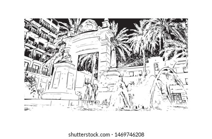 Building view with landmark in The port city of Valencia lies on Spain’s southeastern coast. Hand drawn sketch illustration in vector.