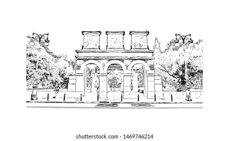 Building view with landmark in The port city of Valencia lies on Spain’s southeastern coast. Hand drawn sketch illustration in vector.