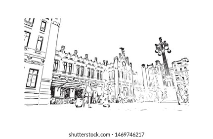 Building view with landmark in The port city of Valencia lies on Spain’s southeastern coast. Hand drawn sketch illustration in vector.