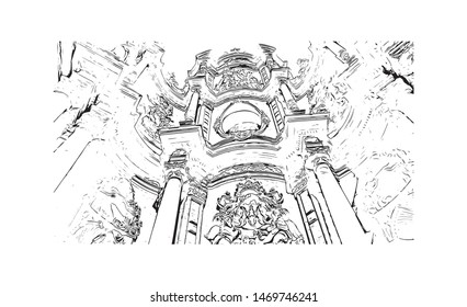 Building view with landmark in The port city of Valencia lies on Spain’s southeastern coast. Hand drawn sketch illustration in vector.