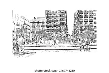 Building view with landmark in The port city of Valencia lies on Spain’s southeastern coast. Hand drawn sketch illustration in vector.