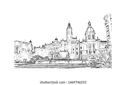 Building view with landmark in The port city of Valencia lies on Spain’s southeastern coast. Hand drawn sketch illustration in vector.