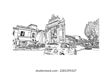 Building view with landmark of 
Port of Ravenna is the seaport in Itay. Hand drawn sketch illustration in vector.