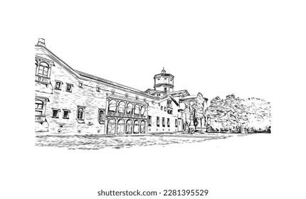 Building view with landmark of 
Port of Ravenna is the seaport in Itay. Hand drawn sketch illustration in vector.