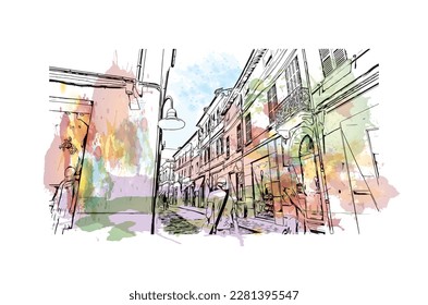 Building view with landmark of 
Port of Ravenna is the seaport in Itay. Watercolor splash with hand drawn sketch illustration in vector.