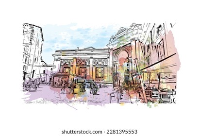 Building view with landmark of 
Port of Ravenna is the seaport in Itay. Watercolor splash with hand drawn sketch illustration in vector.