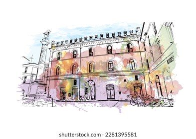 Building view with landmark of 
Port of Ravenna is the seaport in Itay. Watercolor splash with hand drawn sketch illustration in vector.