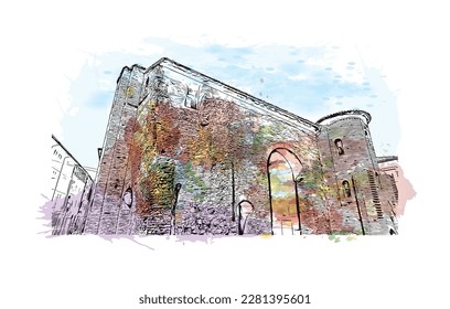 Building view with landmark of 
Port of Ravenna is the seaport in Itay. Watercolor splash with hand drawn sketch illustration in vector.