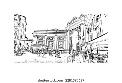 Building view with landmark of 
Port of Ravenna is the seaport in Itay. Hand drawn sketch illustration in vector.