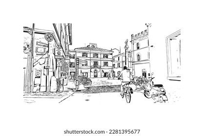Building view with landmark of 
Port of Ravenna is the seaport in Itay. Hand drawn sketch illustration in vector.