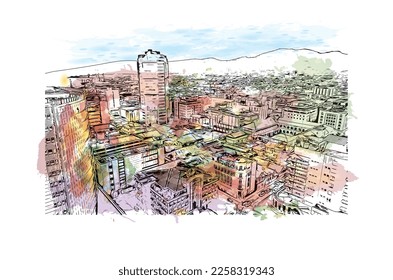 Building view with landmark of Port of Spain is the 
capital in Trinidad and Tobago. Watercolor splash with hand drawn sketch illustration in vector.