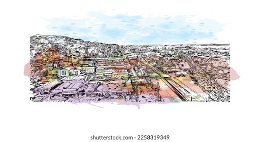 Building view with landmark of Port of Spain is the 
capital in Trinidad and Tobago. Watercolor splash with hand drawn sketch illustration in vector.