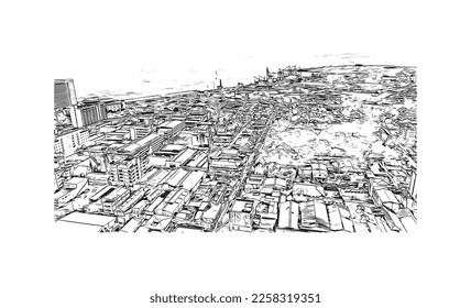 Building view with landmark of Port of Spain is the 
capital in Trinidad and Tobago. Hand drawn sketch illustration in vector.