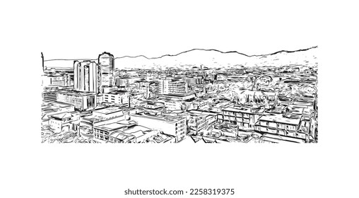 Building view with landmark of Port of Spain is the 
capital in Trinidad and Tobago. Hand drawn sketch illustration in vector.