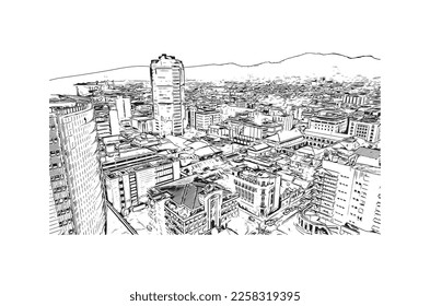 Building view with landmark of Port of Spain is the 
capital in Trinidad and Tobago. Hand drawn sketch illustration in vector.