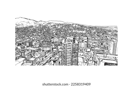 Building view with landmark of Port of Spain is the 
capital in Trinidad and Tobago. Hand drawn sketch illustration in vector.
