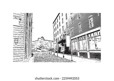 Building view with landmark of Portland is the 
city in Maine. Hand drawn sketch illustration in vector.