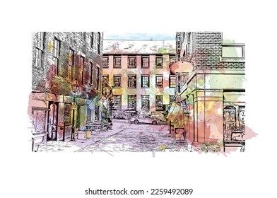 Building view with landmark of Portland is the 
city in Maine. Watercolor splash with hand drawn sketch illustration in vector.