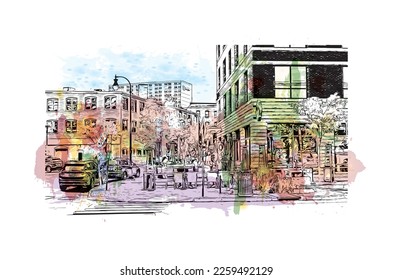 Building view with landmark of Portland is the 
city in Maine. Watercolor splash with hand drawn sketch illustration in vector.