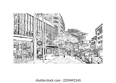 Building view with landmark of Portland is the 
city in Maine. Hand drawn sketch illustration in vector.