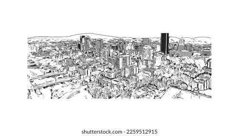 La vista de edificio con un punto de referencia de Portland es el 
ciudad de Oregón. Dibujo a mano de ilustración de esbozo en vector.