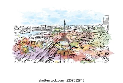 Building view with landmark of Portland is the 
city in Oregon. Watercolor splash with hand drawn sketch illustration in vector.