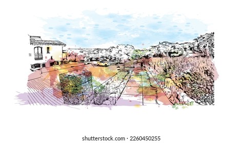 Building view with landmark of Porto Cervo is the 
comune in Italy. Watercolor splash with hand drawn sketch illustration in vector.