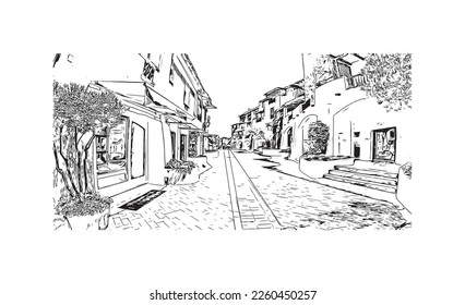 Building view with landmark of Porto Cervo is the 
comune in Italy. Hand drawn sketch illustration in vector.