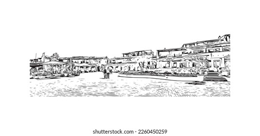Building view with landmark of Porto Cervo is the 
comune in Italy. Hand drawn sketch illustration in vector.