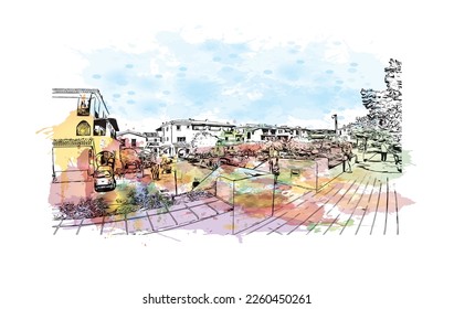 Building view with landmark of Porto Cervo is the 
comune in Italy. Watercolor splash with hand drawn sketch illustration in vector.