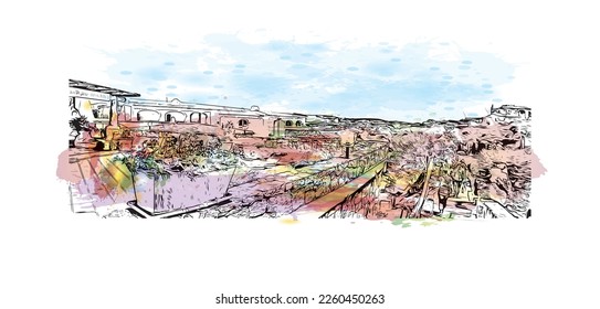 Building view with landmark of Porto Cervo is the 
comune in Italy. Watercolor splash with hand drawn sketch illustration in vector.