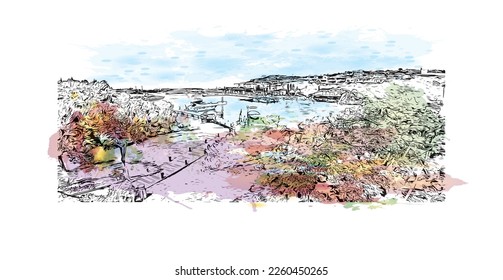 Building view with landmark of Porto Cervo is the 
comune in Italy. Watercolor splash with hand drawn sketch illustration in vector.