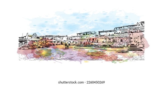 Building view with landmark of Porto Cervo is the 
comune in Italy. Watercolor splash with hand drawn sketch illustration in vector.